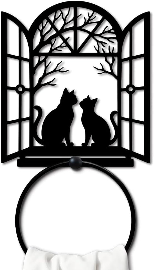 MAYJOYDIY Cat Shape Metal Towel Ring Round Window Cat Hand Towel Holder Ring Hanger Black Vintage Towels Wall Organizer for Kitchen Bath Home Laundry Room Decors Gifts