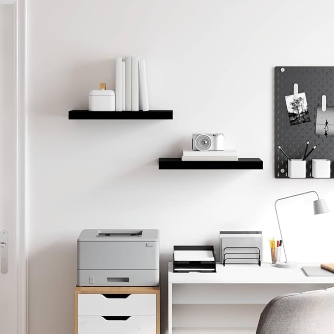Floating Wall Shelves Set of 2, Modern High-Gloss Black Display Ledges for Living Room, Bedroom or Office, Heavy Duty Decorative Wall Mount Storage Shelving