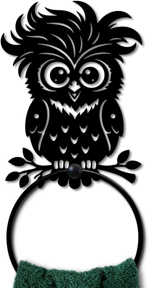 MAYJOYDIY Cute Owl Metal Towel Ring Round Cartoon Bird Hand Towel Holder Animals Ring Hanger Wall Mount Black Vintage Towels Wall Organizer for Kitchen Bath Home Laundry Room Decors Gifts