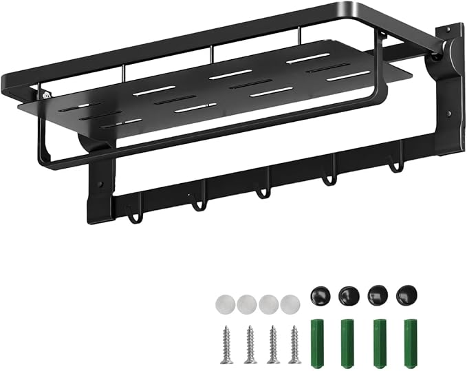 Rust-Proof Floating Shelves Organizer With Foldable Towel Bar 5 Towel Hooks Wall Mounted Organizer 23-Inch Towel Racks For Bathroom Lavatory Kitchen Rv Home Decor, Matte Black