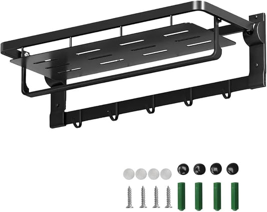 Rust-Proof Floating Shelves Organizer With Foldable Towel Bar 5 Towel Hooks Wall Mounted Organizer 23-Inch Towel Racks For Bathroom Lavatory Kitchen Rv Home Decor, Matte Black