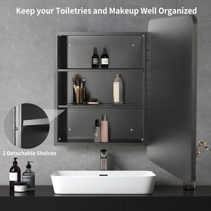 Movo Black Metal Framed Bathroom Mirror Medicine Cabinet, 20 Inch x 31 Inch, Tilting Beveled Vanity Mirror, Recess or Surface Mount Installation