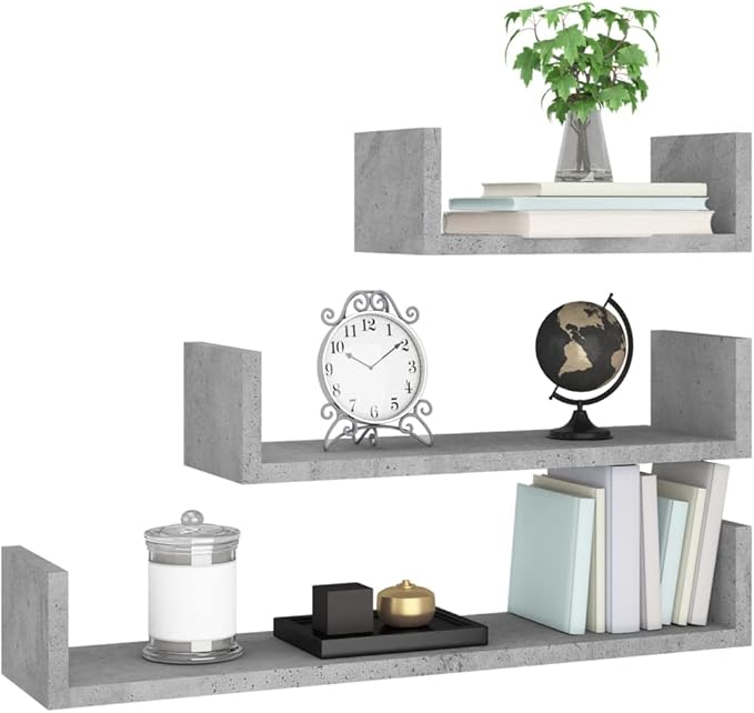 Concrete Gray Wall Shelves Set of 3 Engineered Wood Floating Shelves for Wall Decor, Bathroom Kitchen Living Room Storage with U-Shaped Design (23.6", 17.7", 11.8")