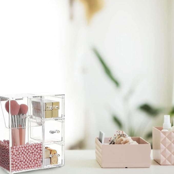 Acrylic Makeup Organizer Clear Cosmetic Brush Holder with Dustproof Lid 3 Drawers. Canisters