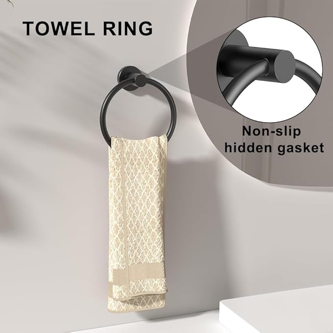 MGahyi 5 Pieces Bathroom Accessories Set, Stainless Bathroom Hardware Set, Extendable Towel Racks for Bathroom(12.8-24.8inch), Robe Towel Hooks Toilet Paper Holder Towel Ring (Black)