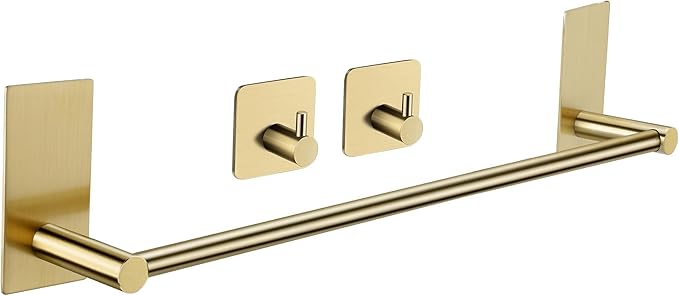 Taozun Golden Towel Bar Set- Self Adhesive Towel Holder + 2 Packs Towel Hooks Bathroom Accessories, 16-Inch Towel Rack for Bathroom Stainless Steel Brushed Brass New