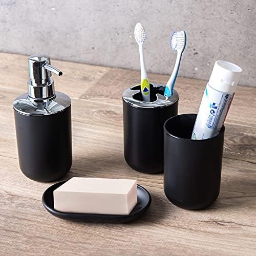 Moss & Stone 6-Piece Bathroom Accessories Set – Black Plastic Bathroom Set with Soap Dispenser, Toothbrush Holder, Cup & Soap Dish – Modern Countertop Bathroom Decor