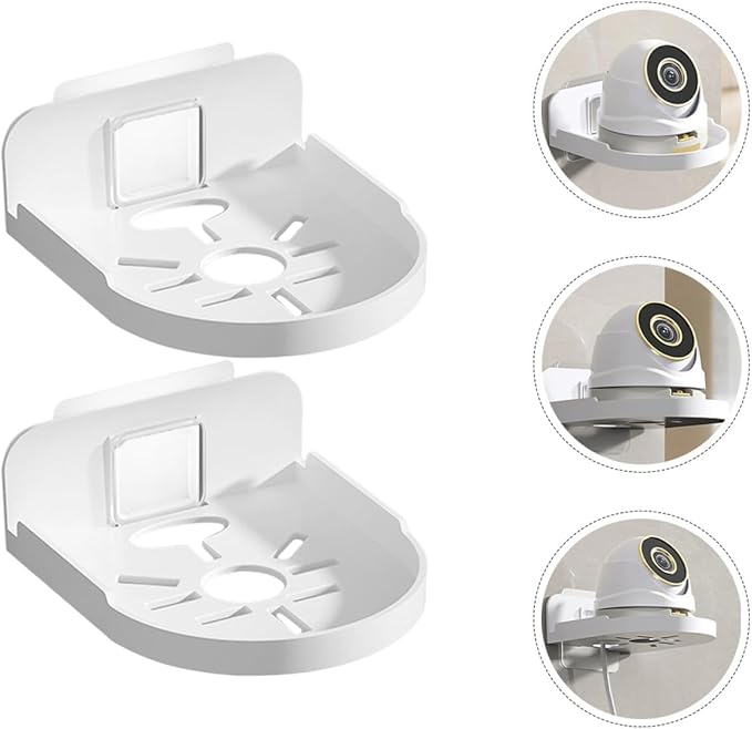 FOMIYES 2pcs No Drill Floating Wall Shelf for Security and Monitor Holder, Small White Round Mini Shelf for Bathroom and Home Storage Organizer