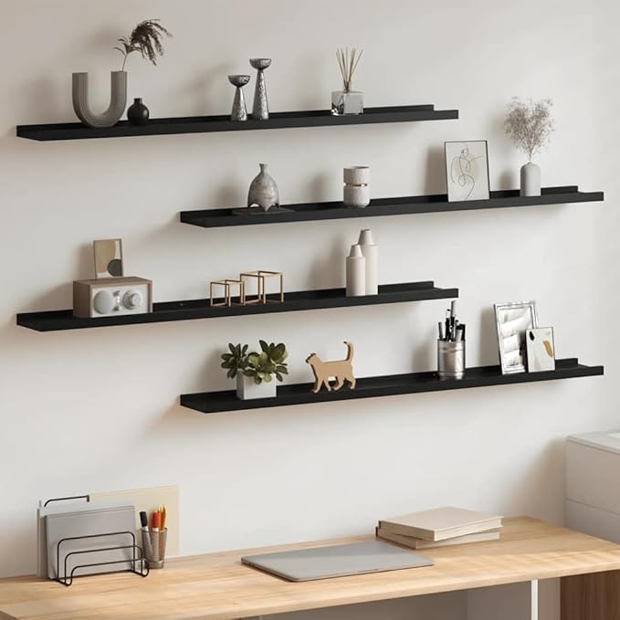 Wall Shelves Set of 4, 39.4 Inch Floating Shelves for Wall Storage, Modern MDF Black Display Ledges for Bedroom, Living Room, Kitchen Organization