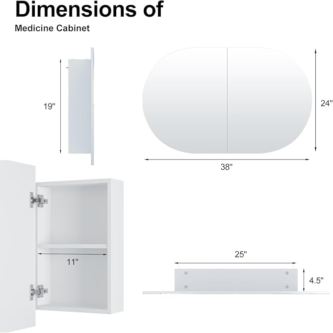 Oval Medicine Cabinet Mirror for Bathroom,White Medicine Cabinet with Mirror, Oval Mirror Cabinet Wall Mounted with 3 Storage,2 Doors,38x24Inch
