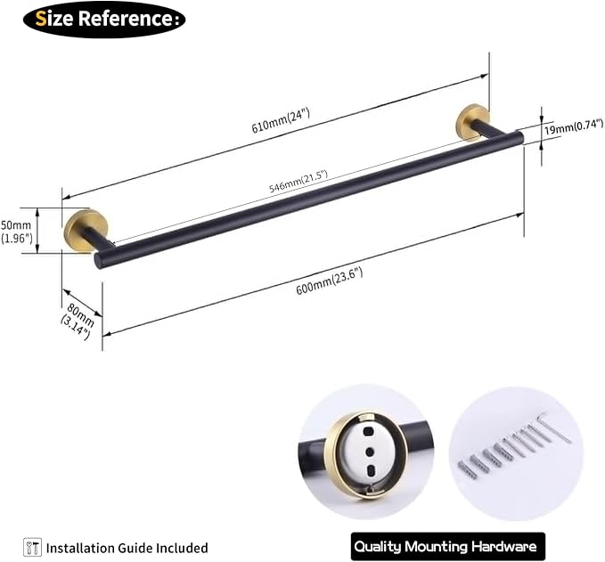 GERZWY SUS 304 Stainless Steel 24-Inch Bathroom Towel Bar Modern Round Style Bath Towel Bar Wall Mount (Black & Gold) AG1101C60-BD