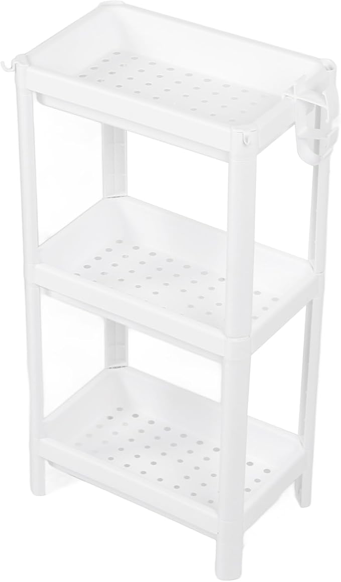 Narrow Freestanding Bathroom Shelf, Space Saving Storage Rack White Laundry Shelf for Bathroom Laundry Room Kitchen Bedroom Compact Areas (3 Tier)