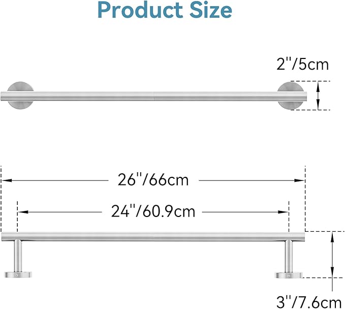 Brushed Nickel Towel Bar, 24 Inch Towel Rack for Bathroom Wall-Mounted, SUS304 Stainless Steel, Total Length 26 Inch