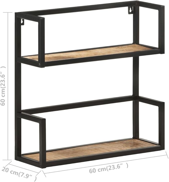 Rustic Wall Shelf with Black Metal Frame 23.6 Inch Floating Shelves for Living Room Bedroom Storage Organizer, Natural Mango Wood Bookshelf with Unique Wood Grain