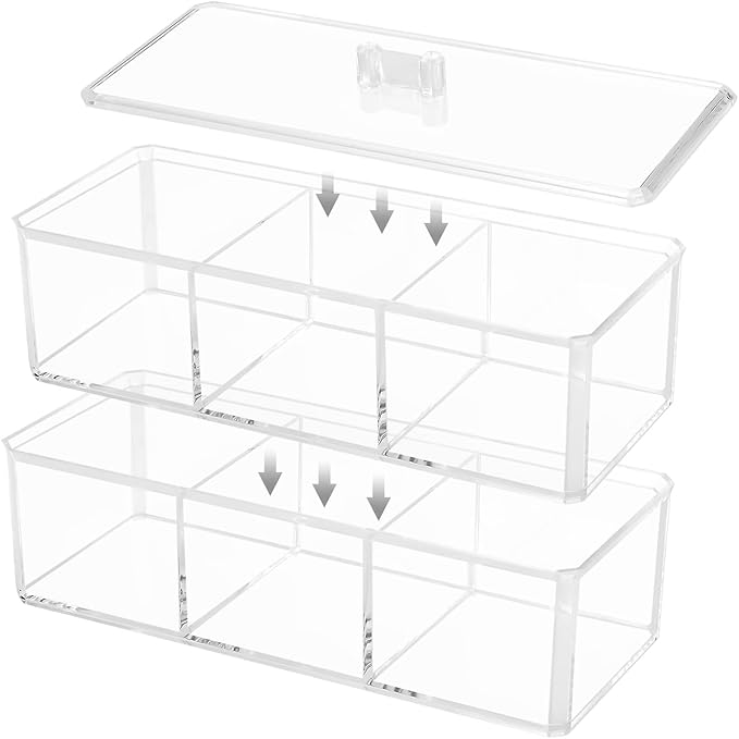 dedoot 3 Compartment Organizer 2 Layers,Plastic Drawer Clear Acrylic Vanity Desk Storage and Organizer, Bathroom Display Storage Container with Lid for Jewelry, Small Items 9.17x3.7X5.82 Inch