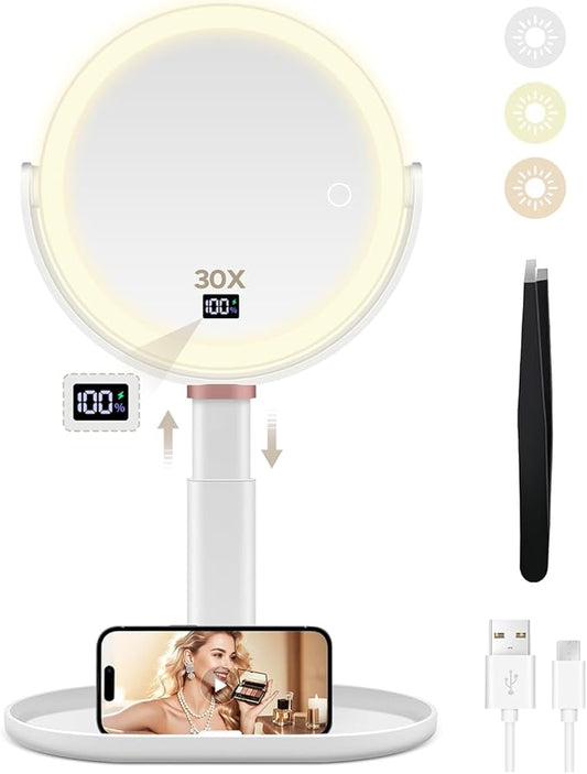MIYADIVA Makeup Mirror with Lights, 30X/1X Magnifying Mirror with Digital Display, Height Adjustable Desk Mirror, Detachable for Travel, Vanity Mirror with Phone Holders and Tweezers, Gifts for Women