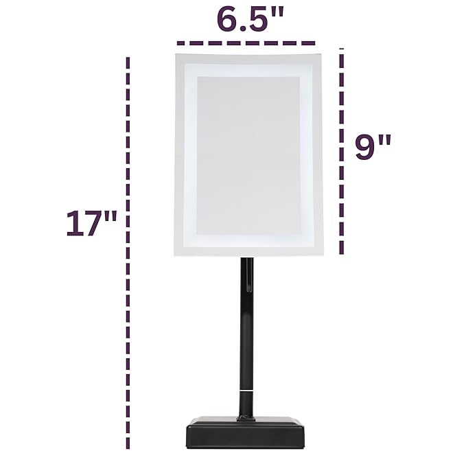 JERDON Lighted Tabletop Magnifying Mirror - Black Makeup Mirror with 5X Magnification and LED Lights - Model JRT910BKL
