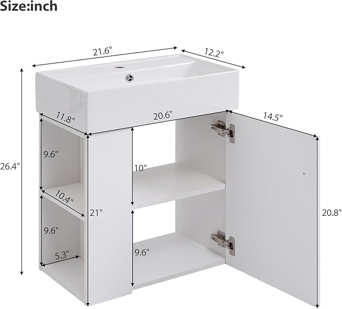 Virubi 21.6 in Floating Bathroom Vanity with Sink,Soft Closing Doors,Solid Wood Frame & MDF Modern Single Small White Bathroom Vanity Cabinet with Open Shelf,Wall Mounted