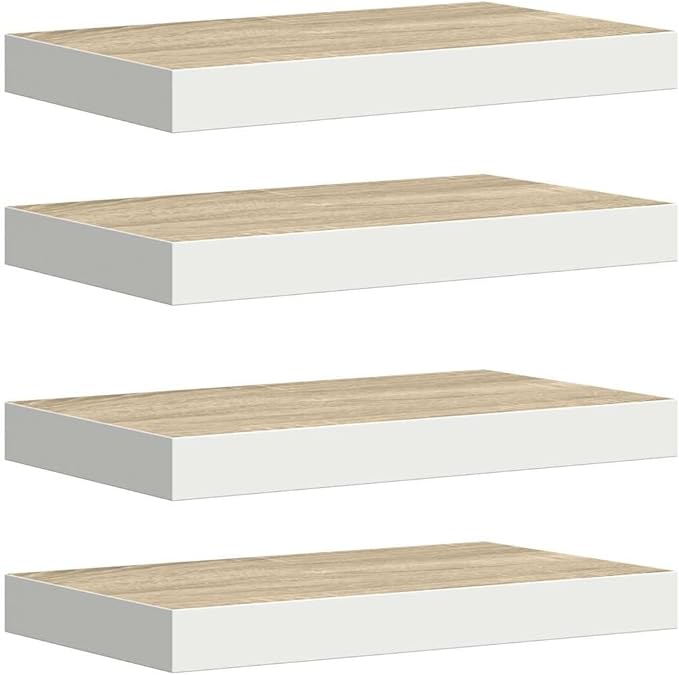 Floating Wall Shelves Set of 4, Modern Oak and White MDF 15.7x9.1 Inches, Invisible Mounting Display Shelves for Living Room, Bedroom, Bathroom, Easy Install for Books, Decor, Plants