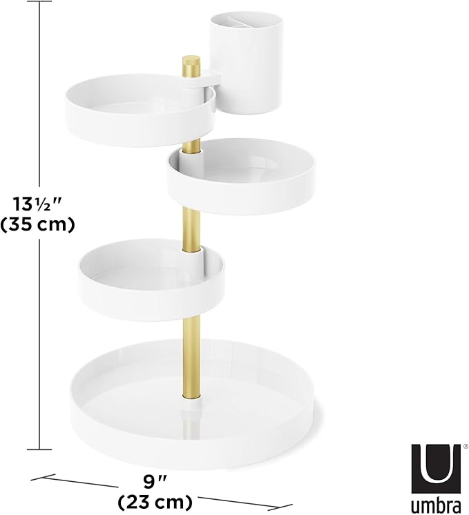 Umbra Pirouette Cosmetic Organizer, Large Capacity Makeup Storage with Adjustable Compartments, White/Brass