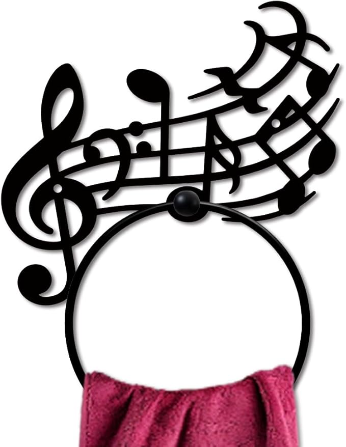 MAYJOYDIY Pentatonic Note Metal Towel Ring Musical Note Towel Holder Musical Artistic Style Towel Ring Black Towel Rack Wall Mounted for Bathroom Kitchen Towel Hanger Home Decors Gift