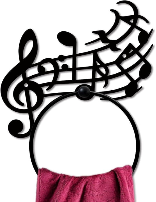 MAYJOYDIY Pentatonic Note Metal Towel Ring Musical Note Towel Holder Musical Artistic Style Towel Ring Black Towel Rack Wall Mounted for Bathroom Kitchen Towel Hanger Home Decors Gift