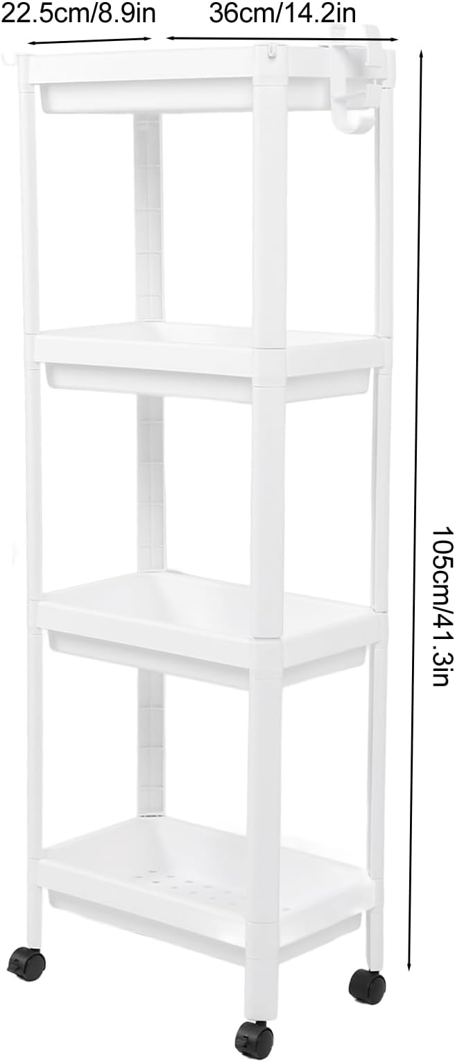 Narrow Freestanding Bathroom Shelf, Space Saving Storage Rack White Laundry Shelf for Bathroom Laundry Room Kitchen Bedroom Compact Areas (4 Layers (with Wheels))