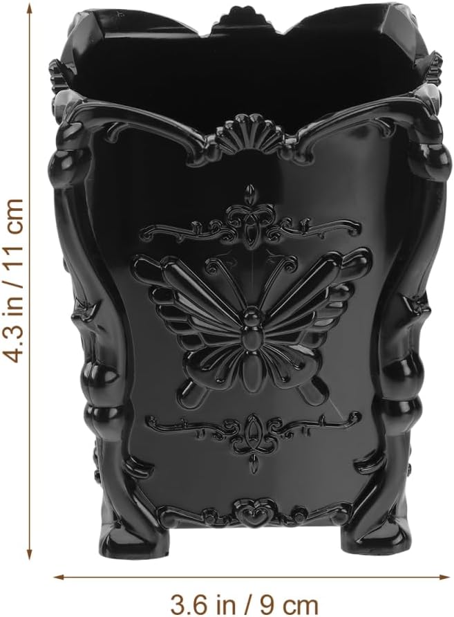 Operitacx Black Acrylic Makeup Brush Holder Cup with Butterfly Carved Design Cosmetic Organizer for Vanity Desktop Storage 3.93X3.14X3.14 Inch