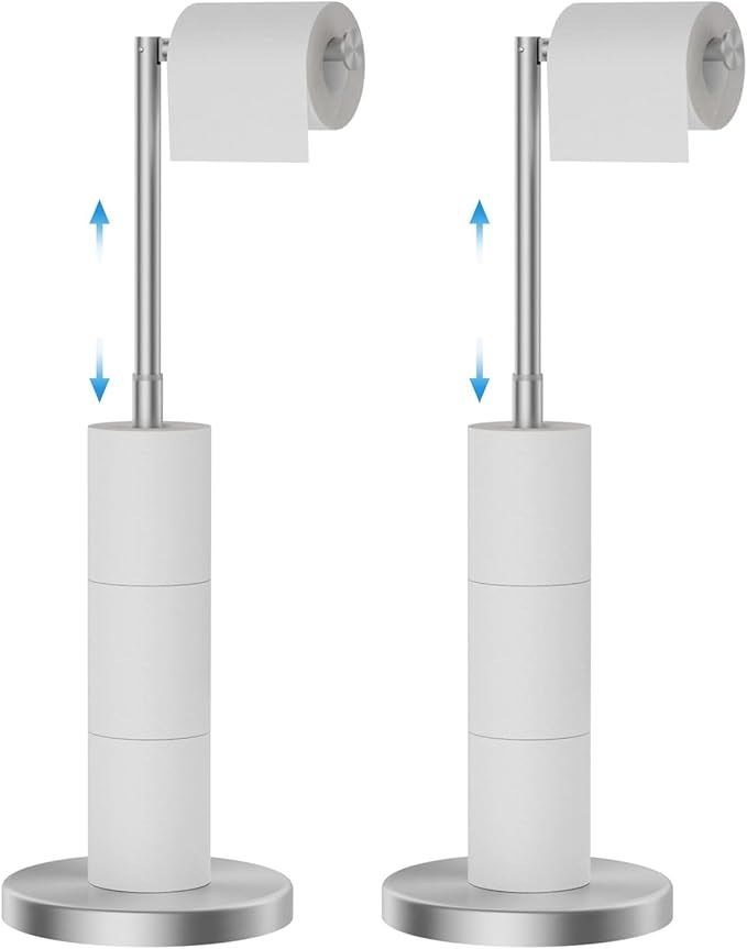 FORIOUS Toilet Paper Holder Stand Adjustable, Stainless Steel Freestanding Toilet Paper Holder with Storage, Bathroom Tissue Roll Stand Storage for 4 Rolls, Brushed Nickel (Pack of 2)