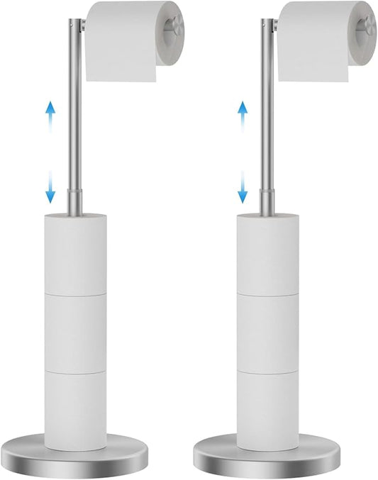 FORIOUS Toilet Paper Holder Stand Adjustable, Stainless Steel Freestanding Toilet Paper Holder with Storage, Bathroom Tissue Roll Stand Storage for 4 Rolls, Brushed Nickel (Pack of 2)