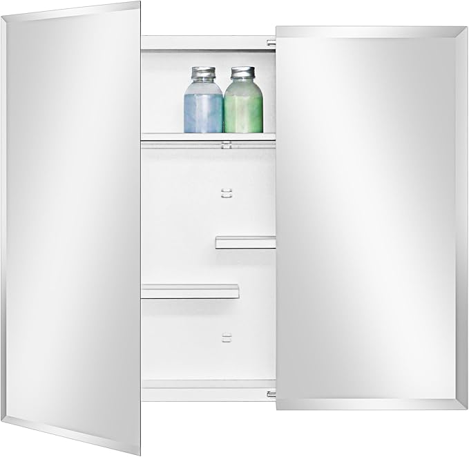 Fundin White Medicine Cabinet Recessed or Surface Mount, Bathroom Medicine Cabinet with 30 x 24 Beveled Edge Mirror Size and Adjustable Staggered Shelves