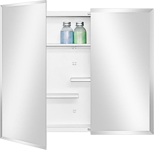 Fundin White Medicine Cabinet Recessed or Surface Mount, Bathroom Medicine Cabinet with 30 x 24 Beveled Edge Mirror Size and Adjustable Staggered Shelves