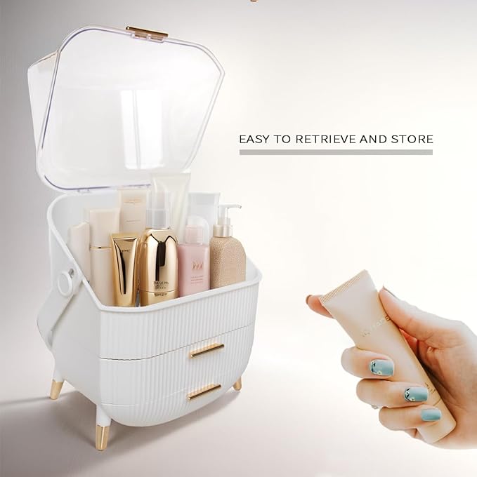 Portable Makeup Organizer, Skincare Case Storage and Makeup Box for Vanity, Cosmetic Display Case, Cosmetics Skincare Organizers Box with Waterproof & Dustproof Cover for Bedroom, White