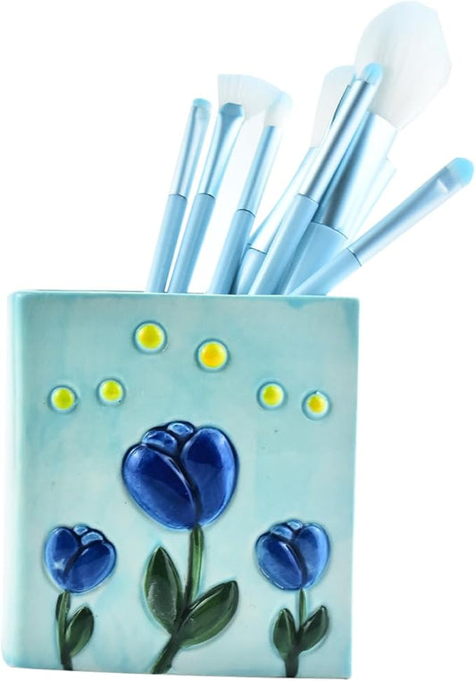 Ceramic Book Shaped Tulip Pattern Cosmetic Storage Box, Desktop Organizers Make Up Brush Storage Stand Desktop Storage Box for Brush,Pencil,Art Supplies, Painting Brush (Blue)