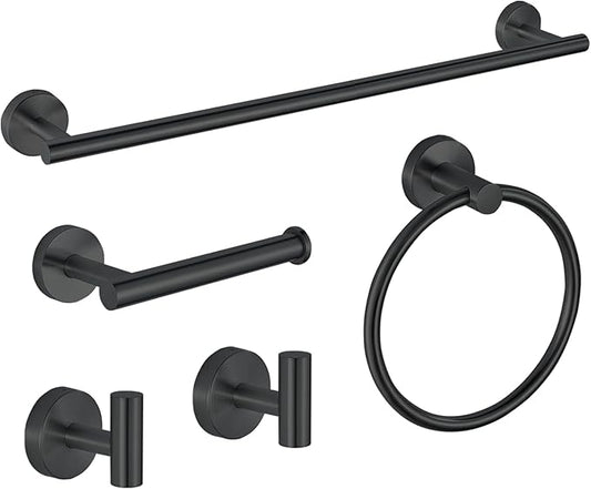 5-Piece Bathroom Hardware Set, Black SUS304 Stainless Steel Bathroom Accessories Kit, Includes 24" Towel Bar, Toilet Paper Holder, Towel Ring & 2 Robe Hooks, Wall Mounted, Rustproof Modern Design