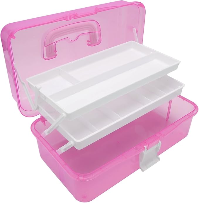 Zerodis 3 Layers Storage Box, Transparent Lid Plastic Portable Storage Box Sturdy Non Deformable Storage Case with Handle Art Craft Storage Box for Cosmetics Jewelry Nail Tools (Red)
