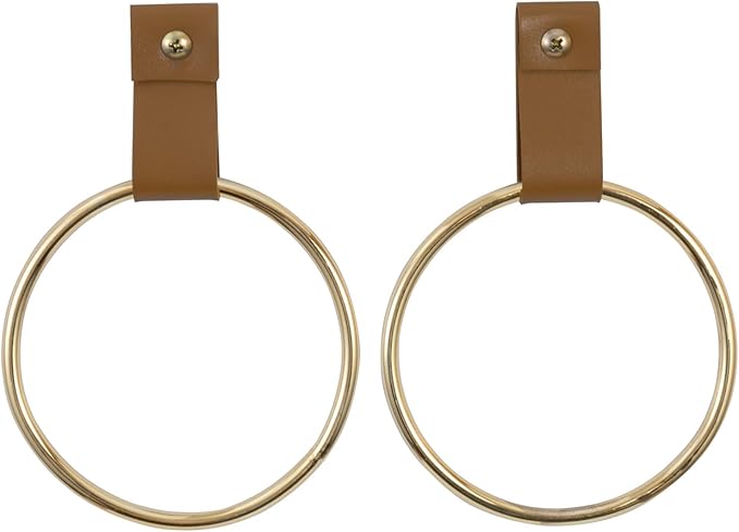 MyGift 2 Pcs Towel Ring Holder, Hand Towel Rack Wall Mounted for Bathroom, Entryway, Kitchen, Bedroom, Modern Brass Tone Metal with Caramel Brown Leatherette Strap