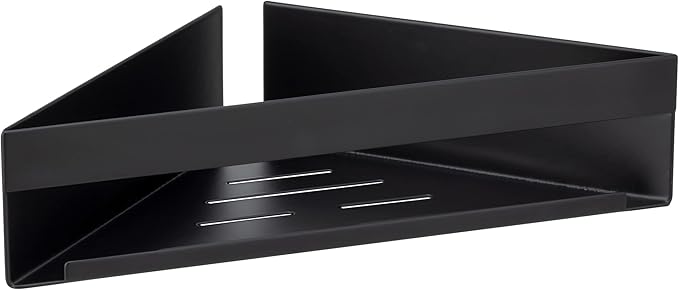 WENKO Turbo-Loc Genova Black Corner Shelf, Bathroom Shelf Made of Matt Lacquered Stainless Steel for Attaching No Drilling with Adhesive Pad System, Space-Saving Storage of Care Products, 36 x 8 x 17