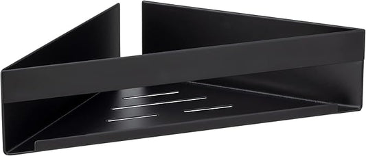 WENKO Turbo-Loc Genova Black Corner Shelf, Bathroom Shelf Made of Matt Lacquered Stainless Steel for Attaching No Drilling with Adhesive Pad System, Space-Saving Storage of Care Products, 36 x 8 x 17