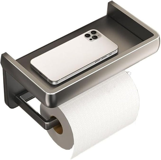 Bathroom Shelf, Toilet Paper Holder, Wall Mount Toilet Tissue Roll Holder with Shelf, Adhesive Modern Aluminum Tissue Roll Holder for Bathroom,Wall Shelves for Bathroom