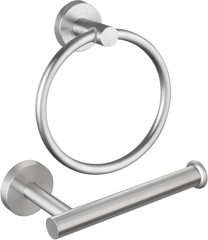 Bathroom Hardware Set, Towel Ring & Toilet Paper Holder, Stainless Steel SUS304, Hand Towel Hanger & Toilet Roll Holder, Sturdy Bathroom Accessories for Home or Kitchen Brushed Nickel