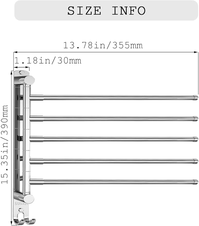 Swivel Towel Rack with Reinforced T-Joint, Thickened SUS304 Steel Rustproof Wall Mount，Towel Racks for Bathroom Wall Mounted，Suitable for Kitchen Towel Holder, Outdoor Towel Rack (5-Arms)