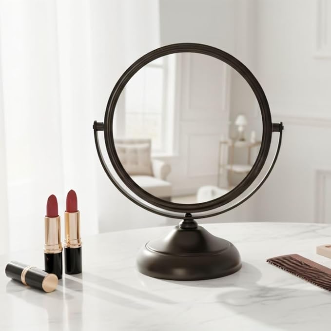 Small Tabletop Magnifying Mirror - 5.5” Diameter Mirror with 5X-1X Magnification - Bronze Finish - Model MC247BZ