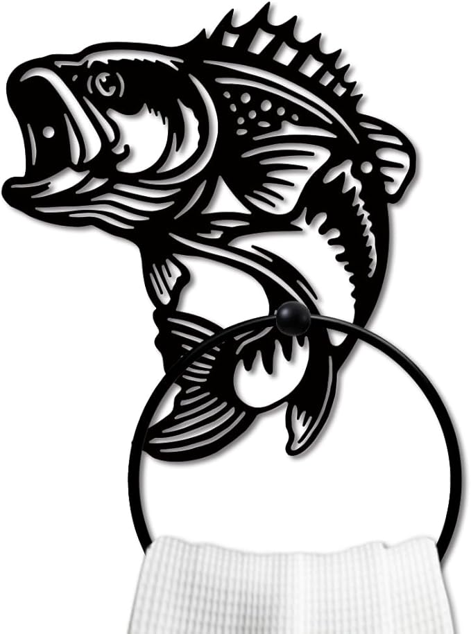 MAYJOYDIY Fish Metal Towel Ring Fishing Theme Towel Holder Animal Bath Towel Ring for Wall Black Art Towel Rack Wall Mounted for Bathroom Kitchen Towel Hanger Home Decors Gift
