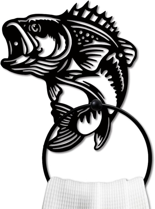 MAYJOYDIY Fish Metal Towel Ring Fishing Theme Towel Holder Animal Bath Towel Ring for Wall Black Art Towel Rack Wall Mounted for Bathroom Kitchen Towel Hanger Home Decors Gift
