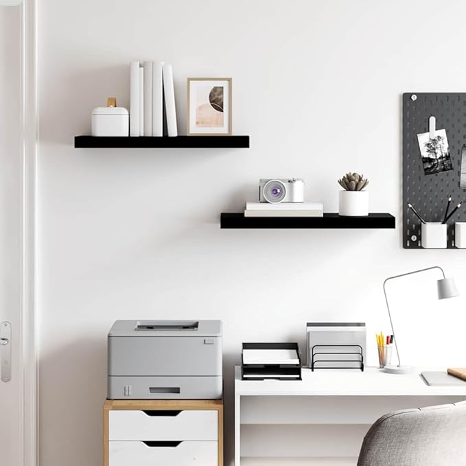 Set of 2 Floating Wall Shelves, Modern High Gloss Black Honeycomb MDF Display Ledges, Decorative Storage Racks for Living Room Bedroom Office, 23.6 Inch
