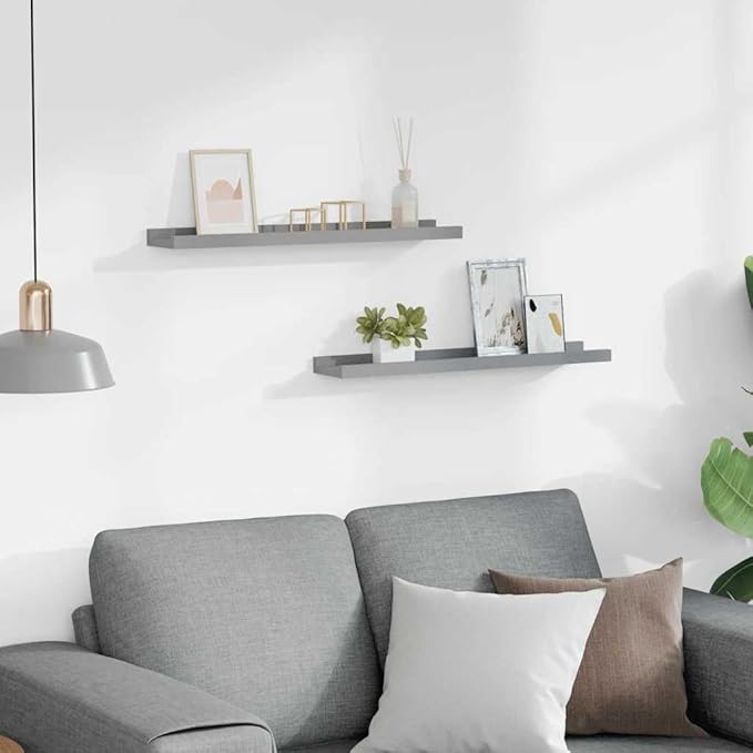 Floating Picture Ledge Shelves Set of 2, 23.6 Inch Wall Mounted Display Shelf for Photos, Art, and Decor, Modern Grey MDF Storage Organizers for Living Room Bedroom