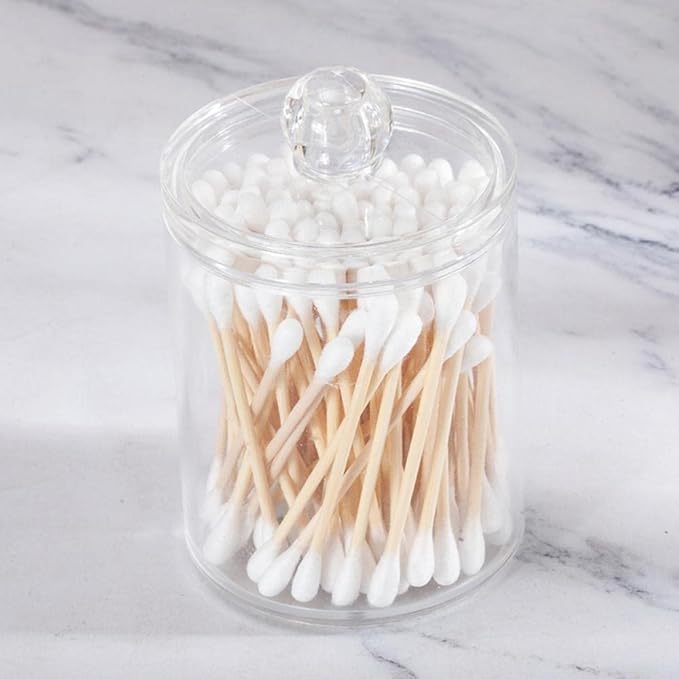 Sizikato 2pcs Clear Acrylic Q-Tip Holder for Bathroom, Round Cotton Swab Dispenser with Lid