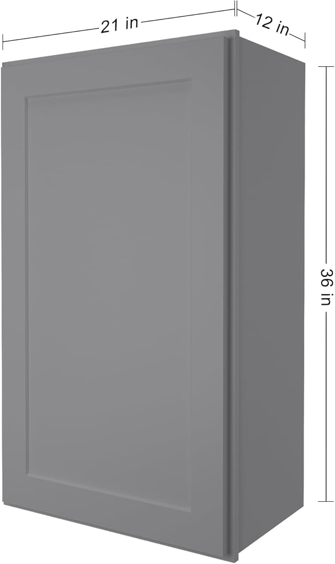 ROOMTEC Wood Wall Cabinet,RTA Single Door Medicine Cabinet with Adjustable Shelves and Soft-Close Door for Kitchen, Bathroom, and Laundry. 12" D*21" W*36" H, Shaker Grey