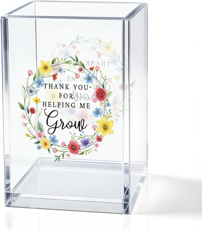 Thank You For Helping Me Grow Acrylic Cosmetic Pencil Holder Cup, Floral Pen Holder Thank You Birthday Gifts for Women, Appreciation Group Gifts for Teacher Mom Mentors Coworkers Boss Manager